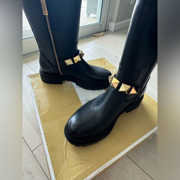 NEW Michael Kors Layton Leather boots with gold studs short booties sz 6.5 - Picture 10 of 16